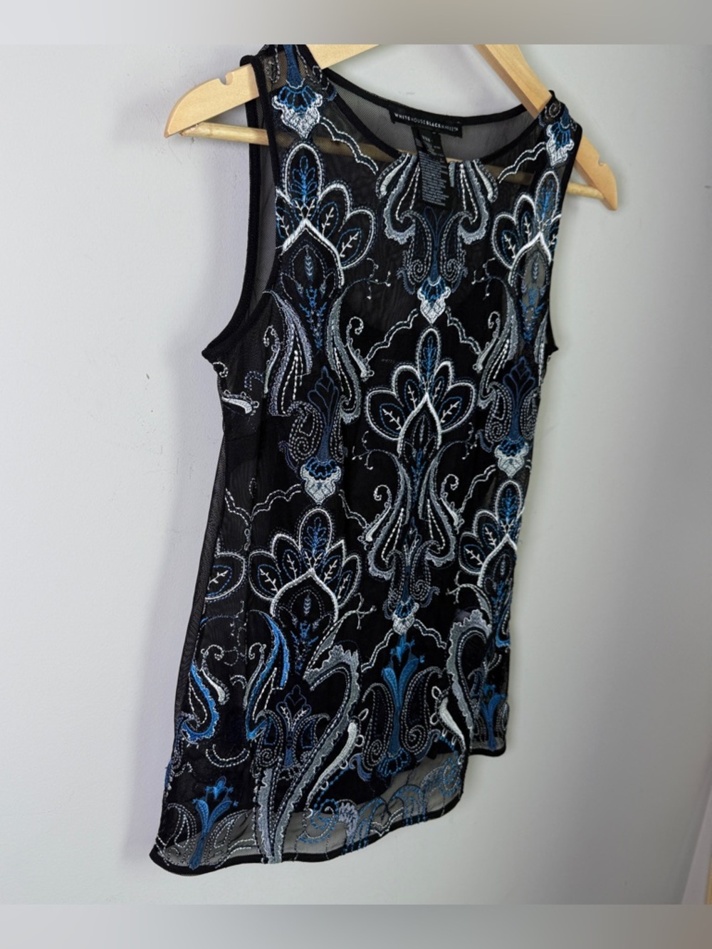White House Black Market Embroidered Mesh Tank Top Black Blue Built-In Cami XXS - Picture 3 of 9
